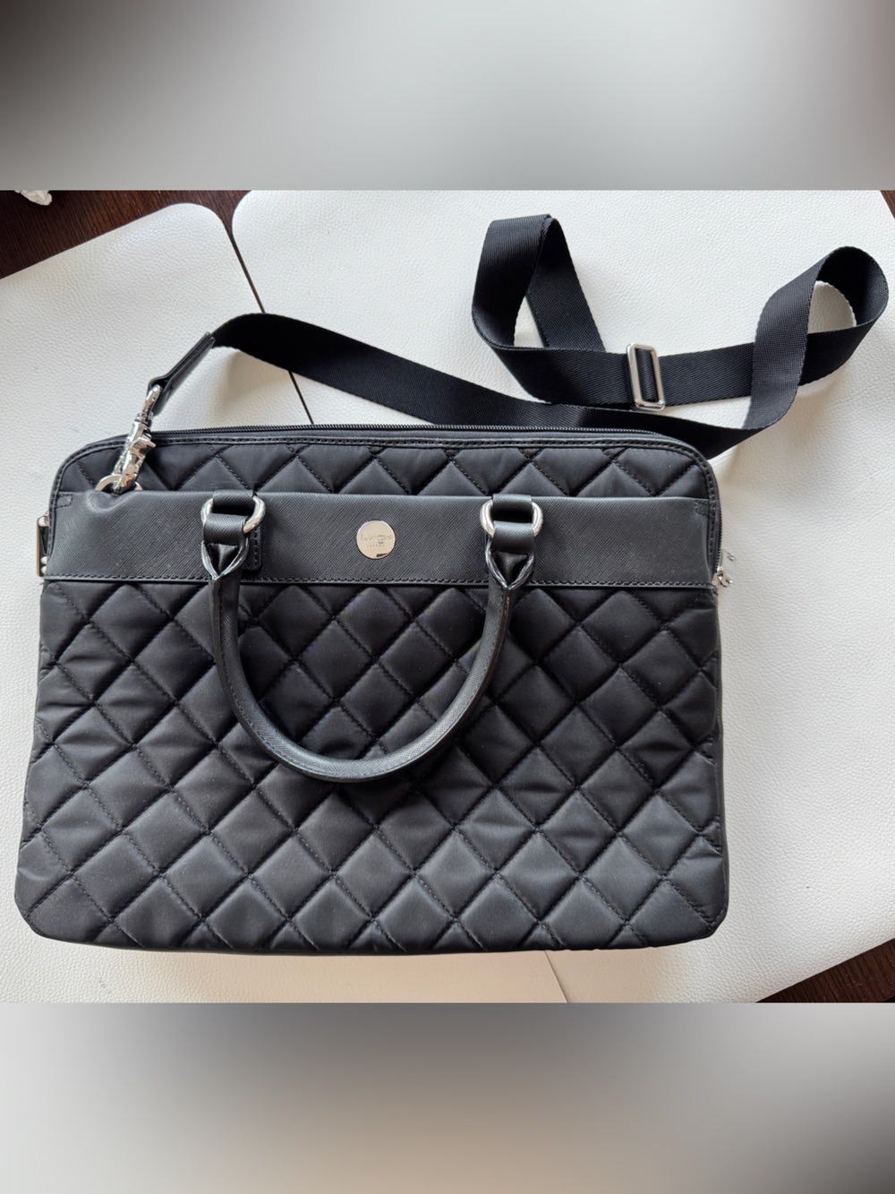Quilted Black Laptop Briefcase with Detachable Strap
